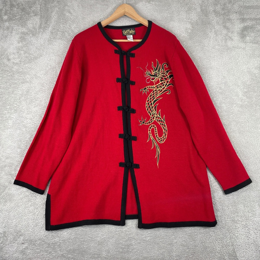 Bob Mackie Dragon Cardigan Womens 1X Red Chinese‎ Frog Closure Sweater